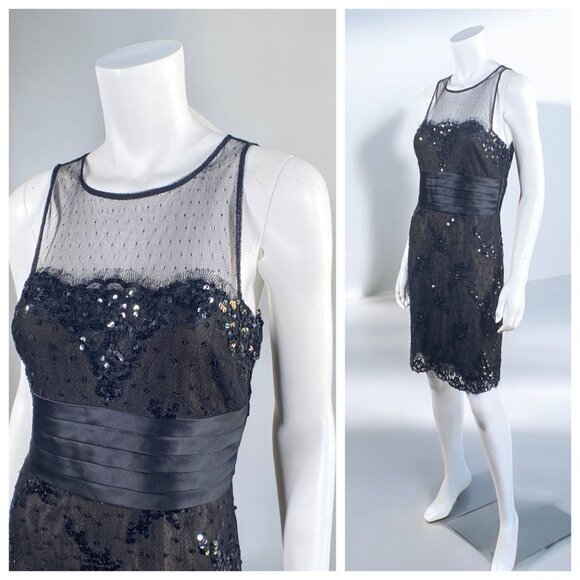 BCBGMAXAZRIA Cocktail Dress Black Sequins, Satin, and Lace, Size 6 - Picture 3 of 15